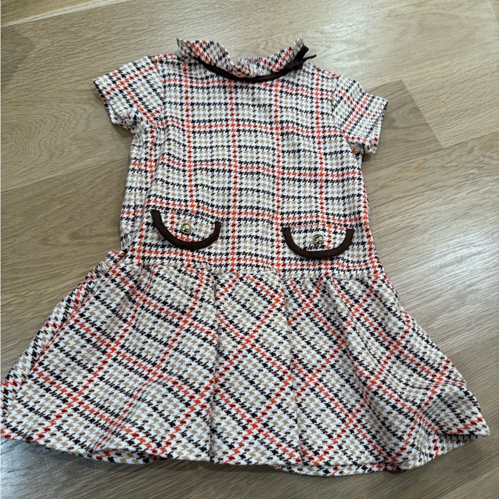 Janie and Jack Brown, orange and tan houndstooth short Sleeve Dress 12-18 months
